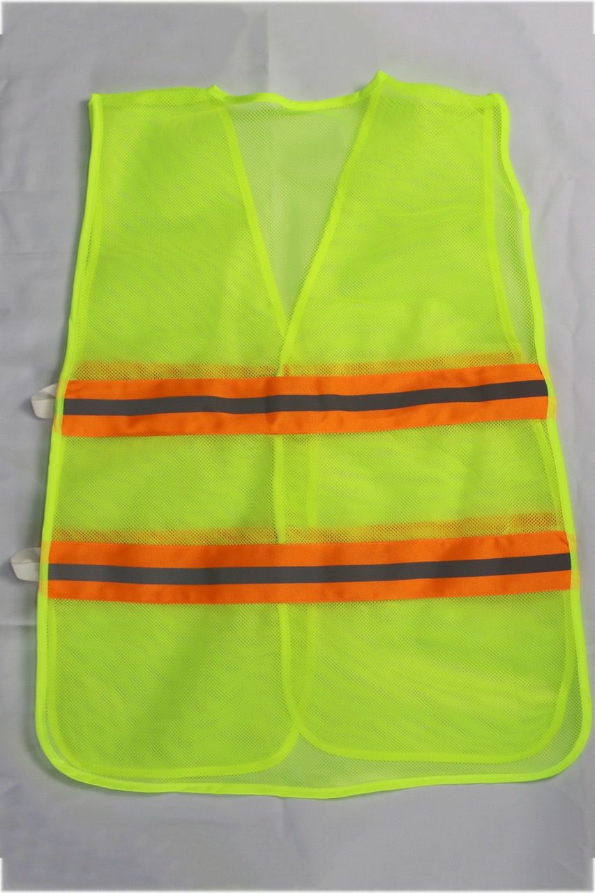 Bright banana-colored mesh reflective vest with two elastic sides and 5cm striped orange reflective materia