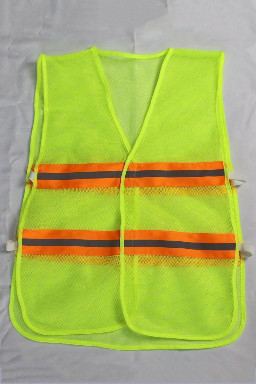 Bright banana-colored mesh reflective vest with two elastic sides and 5cm striped orange reflective materia